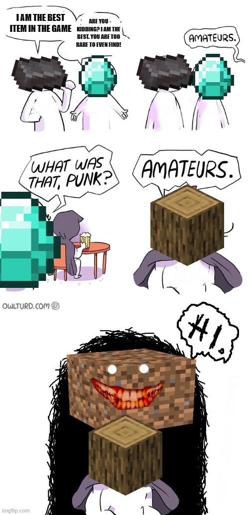 What would wood do without dirt. | ARE YOU KIDDING? I AM THE BEST. YOU ARE TOO RARE TO EVEN FIND! I AM THE BEST ITEM IN THE GAME | image tagged in amateurs 3 0,lol,minecraft,why are you reading the tags,stop reading the tags,stop | made w/ Imgflip meme maker