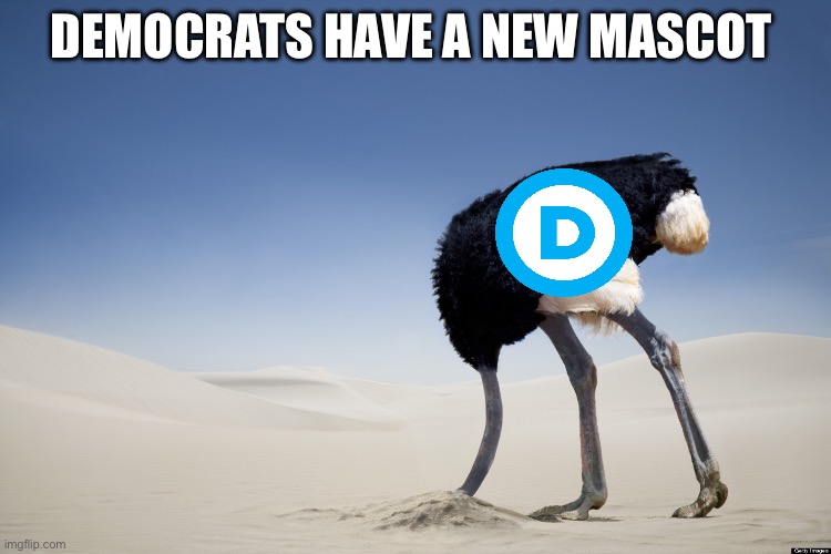 Ostrich head in sand | DEMOCRATS HAVE A NEW MASCOT | image tagged in ostrich head in sand,democrats,political meme,politics | made w/ Imgflip meme maker