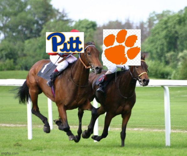 Pitt vs Clemson meme | image tagged in two horses racing,clemson,college football,pittsburgh,ncaa | made w/ Imgflip meme maker