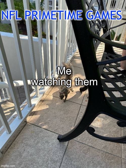 Primetime NFL | NFL PRIMETIME GAMES; Me watching them | image tagged in frolicking squirrel,nfl,espn,nfl football,nfl memes | made w/ Imgflip meme maker