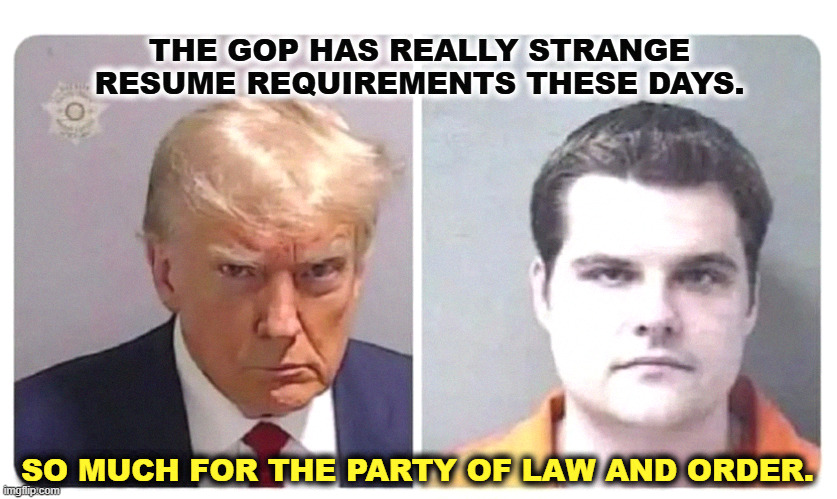 Drug history. Underage girls history. Entitled preppy *sshole history. Mugshot history. | THE GOP HAS REALLY STRANGE RESUME REQUIREMENTS THESE DAYS. SO MUCH FOR THE PARTY OF LAW AND ORDER. | image tagged in trump gaetz mugshot crime criminal law'n'order law scofflaw dui,trump,matt gaetz,dui,crime,criminal | made w/ Imgflip meme maker