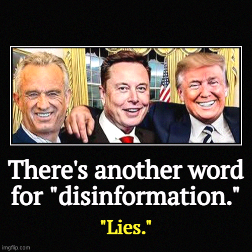 There's another word for "disinformation." | "Lies." | image tagged in funny,demotivationals,rfk jr,elon musk,trump,disinformation | made w/ Imgflip demotivational maker