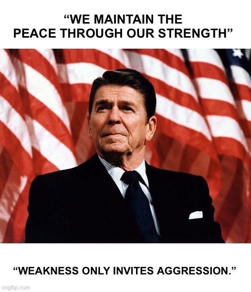 Reasonable Reagan | “WE MAINTAIN THE PEACE THROUGH OUR STRENGTH”; “WEAKNESS ONLY INVITES AGGRESSION.” | image tagged in reasonable reagan | made w/ Imgflip meme maker