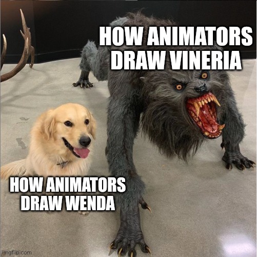 dog vs werewolf | HOW ANIMATORS DRAW VINERIA; HOW ANIMATORS DRAW WENDA | image tagged in dog vs werewolf | made w/ Imgflip meme maker