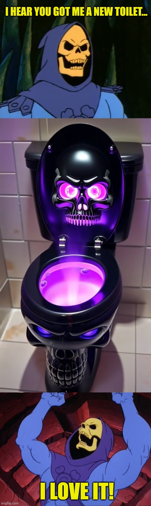 Skeletor toilet | I HEAR YOU GOT ME A NEW TOILET... I LOVE IT! | image tagged in skeletor wat,skeletor,toilet,shitty meme | made w/ Imgflip meme maker