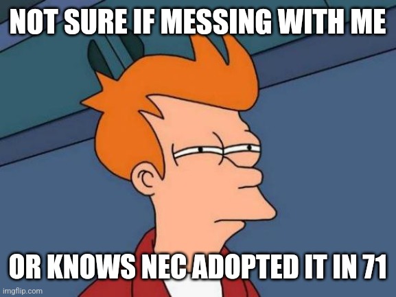 Futurama Fry Meme | NOT SURE IF MESSING WITH ME; OR KNOWS NEC ADOPTED IT IN 71 | image tagged in memes,futurama fry | made w/ Imgflip meme maker