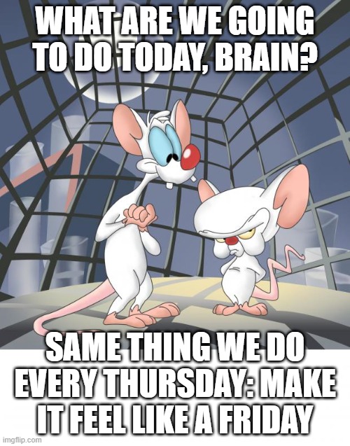 It must be "Friday" | WHAT ARE WE GOING TO DO TODAY, BRAIN? SAME THING WE DO EVERY THURSDAY: MAKE IT FEEL LIKE A FRIDAY | image tagged in pinky and the brain | made w/ Imgflip meme maker