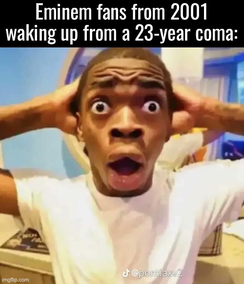 inspired by one of the memes below | Eminem fans from 2001 waking up from a 23-year coma: | image tagged in shocked black guy | made w/ Imgflip meme maker