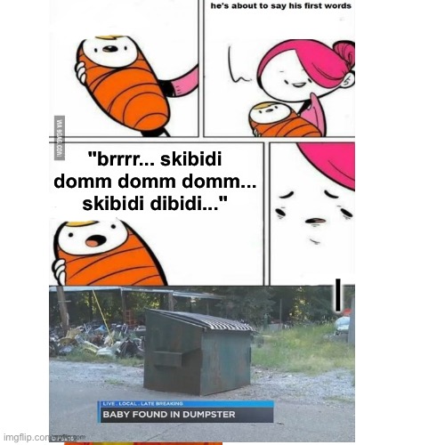 L baby | "brrrr... skibidi domm domm domm... skibidi dibidi..." | image tagged in first words | made w/ Imgflip meme maker