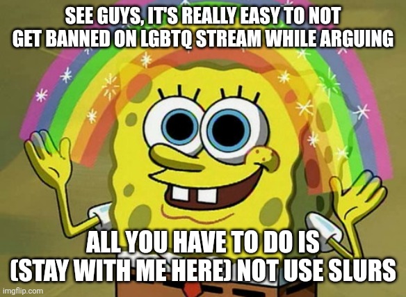 Imagination Spongebob | SEE GUYS, IT'S REALLY EASY TO NOT GET BANNED ON LGBTQ STREAM WHILE ARGUING; ALL YOU HAVE TO DO IS (STAY WITH ME HERE) NOT USE SLURS | image tagged in memes,imagination spongebob | made w/ Imgflip meme maker