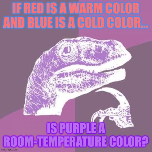 Purplosoraptor | IF RED IS A WARM COLOR AND BLUE IS A COLD COLOR…; IS PURPLE A ROOM-TEMPERATURE COLOR? | image tagged in memes,philosoraptor,colors | made w/ Imgflip meme maker