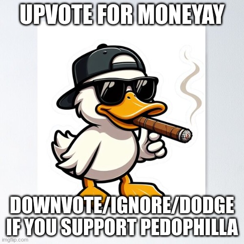 LMAOAOAO | UPVOTE FOR MONEYAY; DOWNVOTE/IGNORE/DODGE IF YOU SUPPORT PEDOPHILLA | image tagged in chucktheduck | made w/ Imgflip meme maker