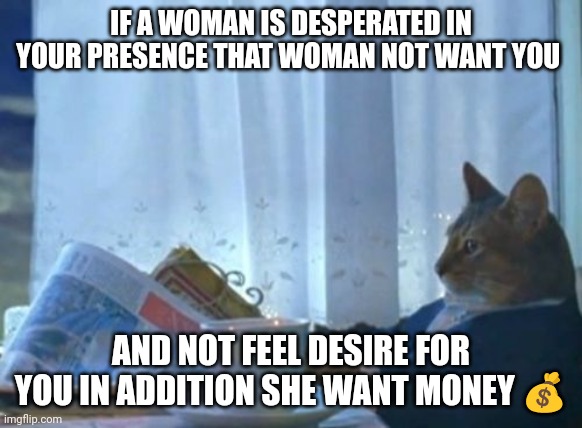 Money | IF A WOMAN IS DESPERATED IN YOUR PRESENCE THAT WOMAN NOT WANT YOU; AND NOT FEEL DESIRE FOR YOU IN ADDITION SHE WANT MONEY 💰 | image tagged in memes,i should buy a boat cat | made w/ Imgflip meme maker