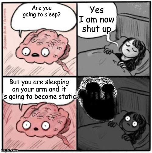 Brain Before Sleep | Yes I am now shut up; Are you going to sleep? But you are sleeping on your arm and it is going to become static | image tagged in brain before sleep,sleeping,funny memes,morning,good day to you sir,roblox meme | made w/ Imgflip meme maker