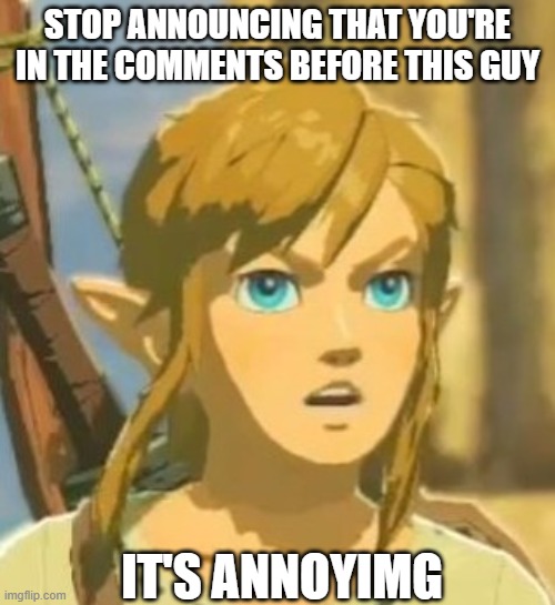 a joke lol- (his name is link) | STOP ANNOUNCING THAT YOU'RE IN THE COMMENTS BEFORE THIS GUY; IT'S ANNOYIMG | image tagged in offended link | made w/ Imgflip meme maker