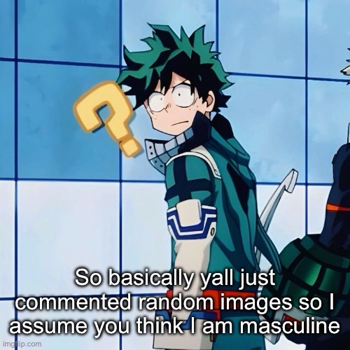 So basically yall just commented random images so I assume you think I am masculine | image tagged in deku questioning reality | made w/ Imgflip meme maker