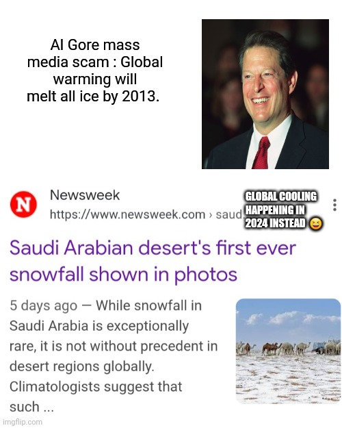 Global warming meme al gore | Al Gore mass media scam : Global warming will melt all ice by 2013. GLOBAL COOLING HAPPENING IN 2024 INSTEAD  😆 | image tagged in global warming,al gore | made w/ Imgflip meme maker