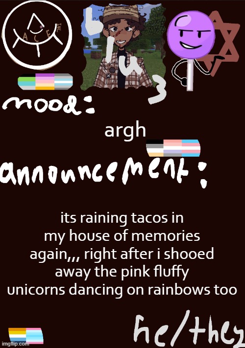 >:( | argh; its raining tacos in my house of memories again,,, right after i shooed away the pink fluffy unicorns dancing on rainbows too | image tagged in blu3 s gnarly sick temp | made w/ Imgflip meme maker