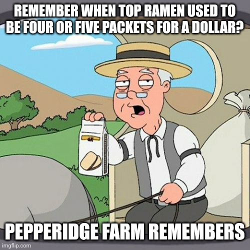 Let's hope under Trump's second presidency we can go back to that | REMEMBER WHEN TOP RAMEN USED TO BE FOUR OR FIVE PACKETS FOR A DOLLAR? PEPPERIDGE FARM REMEMBERS | image tagged in memes,pepperidge farm remembers | made w/ Imgflip meme maker