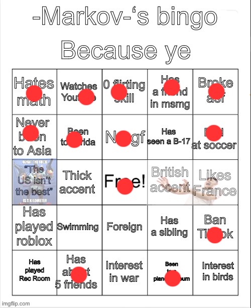 Markov’s bingo | image tagged in markov s bingo | made w/ Imgflip meme maker