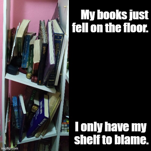 My shelf to blame | My books just fell on the floor. I only have my 
shelf to blame. | image tagged in black square,books,puns | made w/ Imgflip meme maker