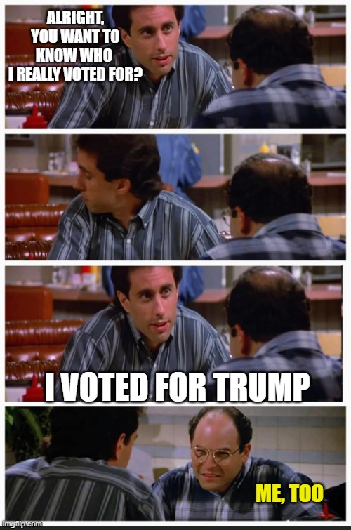 Blue Counties Still Unsafe | ALRIGHT, YOU WANT TO KNOW WHO 
I REALLY VOTED FOR? I VOTED FOR TRUMP; ME, TOO | image tagged in seinfeld so i said | made w/ Imgflip meme maker