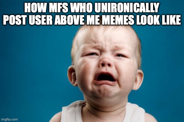 crybaby | HOW MFS WHO UNIRONICALLY POST USER ABOVE ME MEMES LOOK LIKE | image tagged in crybaby | made w/ Imgflip meme maker