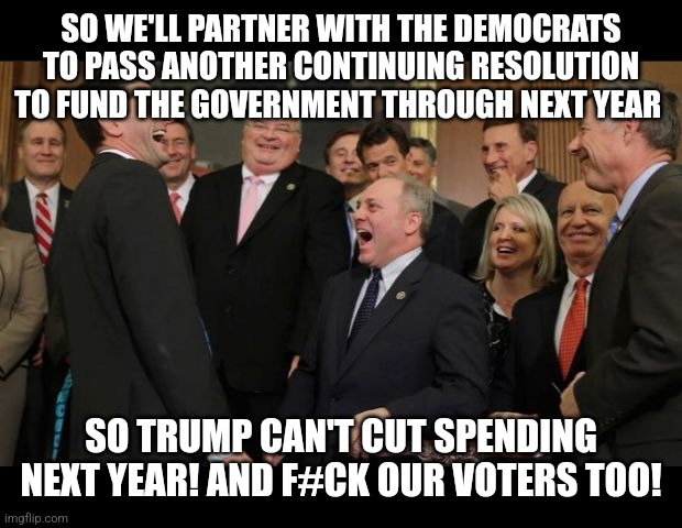 Uniparty at it's finest | SO WE'LL PARTNER WITH THE DEMOCRATS TO PASS ANOTHER CONTINUING RESOLUTION TO FUND THE GOVERNMENT THROUGH NEXT YEAR; SO TRUMP CAN'T CUT SPENDING NEXT YEAR! AND F#CK OUR VOTERS TOO! | image tagged in republicans senators laughing | made w/ Imgflip meme maker