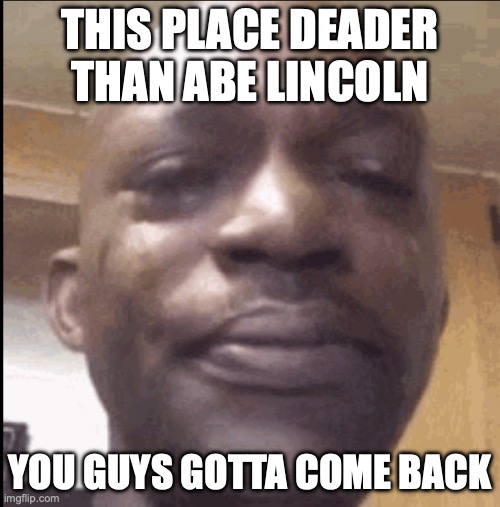 Crying black dude | THIS PLACE DEADER THAN ABE LINCOLN; YOU GUYS GOTTA COME BACK | image tagged in crying black dude | made w/ Imgflip meme maker