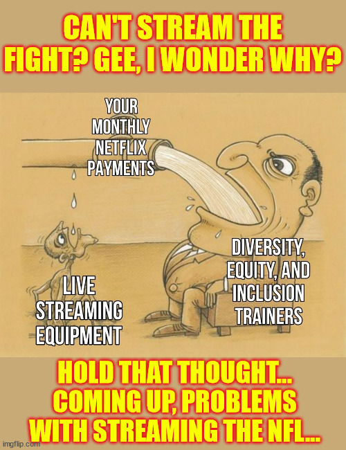 Netflix sucks | CAN'T STREAM THE FIGHT? GEE, I WONDER WHY? HOLD THAT THOUGHT... COMING UP, PROBLEMS WITH STREAMING THE NFL... | image tagged in netflix,dei,suck | made w/ Imgflip meme maker