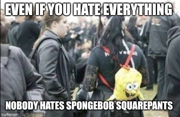 Spongebob Squarepants is for everyone | EVEN IF YOU HATE EVERYTHING; NOBODY HATES SPONGEBOB SQUAREPANTS | image tagged in spongebob squarepants bag,memes,goth memes | made w/ Imgflip meme maker