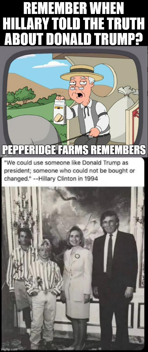 Remember when Hillary Clinton told the truth about Donald Trump? | REMEMBER WHEN HILLARY TOLD THE TRUTH ABOUT DONALD TRUMP? | image tagged in pepperidge farms remembers,hillary,tells truth,for once,donald trump | made w/ Imgflip meme maker