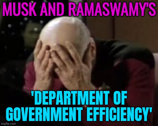 Musk And Ramaswamy's 'Department of Government Efficiency' | MUSK AND RAMASWAMY'S; 'DEPARTMENT OF GOVERNMENT EFFICIENCY' | image tagged in captain picard double facepalm,elon musk,donald trump,trump is an asshole,donald trump is an idiot,us government | made w/ Imgflip meme maker