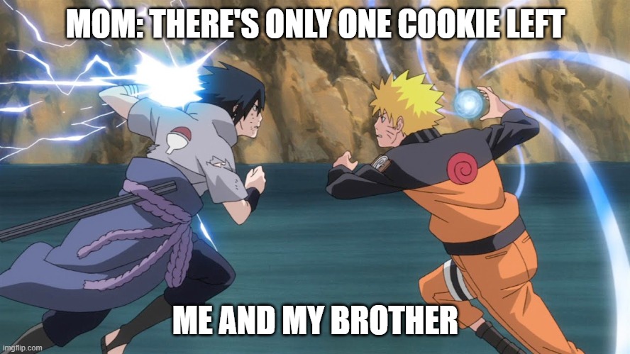 I WILL get that cookie! | MOM: THERE'S ONLY ONE COOKIE LEFT; ME AND MY BROTHER | image tagged in naruto sasuke | made w/ Imgflip meme maker