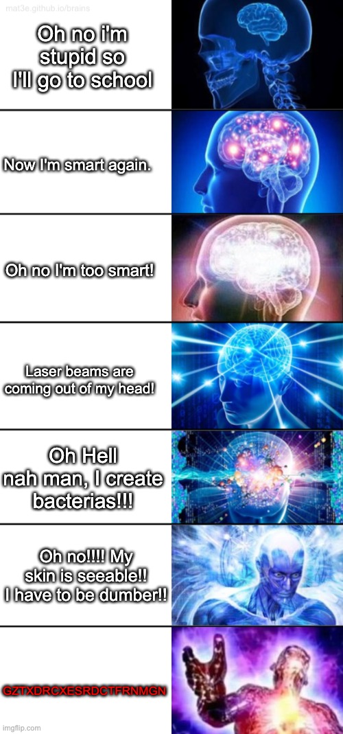 Smarty pants | Oh no i'm stupid so I'll go to school; Now I'm smart again. Oh no I'm too smart! Laser beams are coming out of my head! Oh Hell nah man, I create bacterias!!! Oh no!!!! My skin is seeable!! I have to be dumber!! GZTXDRCXESRDCTFRNMGN | image tagged in 7 tier galaxy brain,sdfzdghhf | made w/ Imgflip meme maker