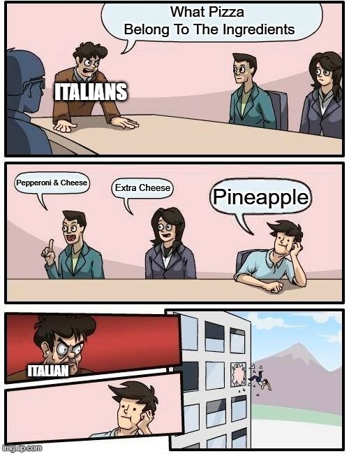 Italian Be Like | What Pizza 
Belong To The Ingredients; ITALIANS; Pepperoni & Cheese; Extra Cheese; Pineapple; ITALIAN | image tagged in memes,boardroom meeting suggestion | made w/ Imgflip meme maker