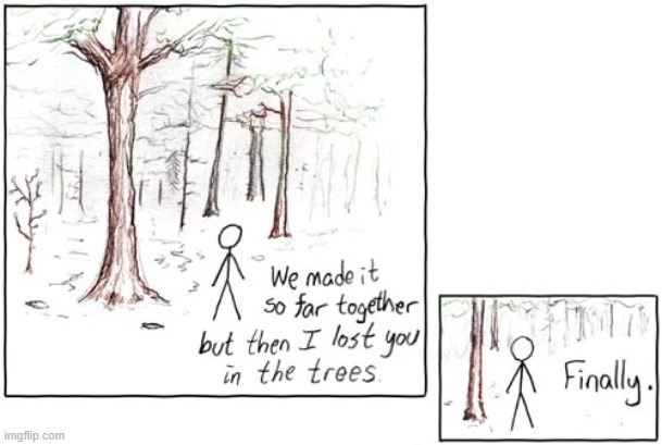 "It was tricky." | image tagged in together,trees,lost,finally | made w/ Imgflip meme maker