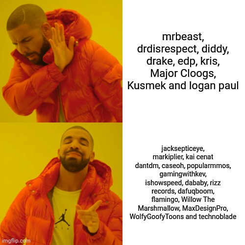 Updated | mrbeast, drdisrespect, diddy, drake, edp, kris, Major Cloogs, Kusmek and logan paul; jacksepticeye, markiplier, kai cenat dantdm, caseoh, popularmmos, gamingwithkev, ishowspeed, dababy, rizz records, dafuqboom, flamingo, Willow The Marshmallow, MaxDesignPro, WolfyGoofyToons and technoblade | image tagged in memes,drake hotline bling | made w/ Imgflip meme maker