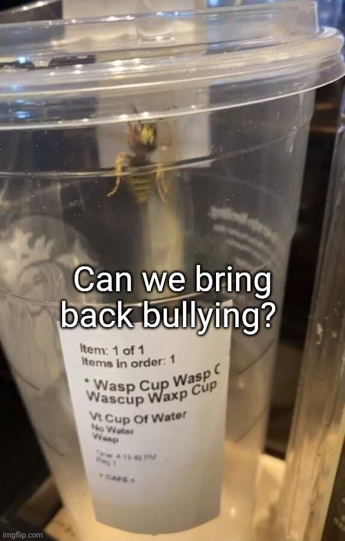 Wasp cup Wasp cup Wasp cup Wasp cup Wasp cup Wasp cup Wasp cup | Can we bring back bullying? | image tagged in wasp cup wasp cup wasp cup wasp cup wasp cup wasp cup wasp cup | made w/ Imgflip meme maker