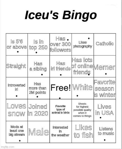 Iceu's Bingo | image tagged in iceu's bingo | made w/ Imgflip meme maker