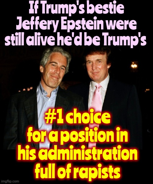 Trump's Going Out Of His Way To Appoint Men Guilty Of The Most Disgusting Crimes Because Trump's Guilty Of Disgusting Crimes | If Trump's bestie Jeffery Epstein were still alive he'd be Trump's; #1 choice for a position in his administration full of rapists | image tagged in trump epstein,donald trump is a convicted rapist,maga,memes,rapist,sexual assault | made w/ Imgflip meme maker