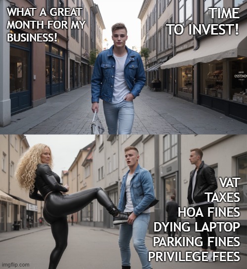 What a great month for my business! | TIME TO INVEST! WHAT A GREAT 
MONTH FOR MY 
BUSINESS! VAT
TAXES
HOA FINES
DYING LAPTOP
PARKING FINES
PRIVILEGE FEES | image tagged in happy hiker to sudden stopper,entrepreneur,kicked in the balls,personal finance,business | made w/ Imgflip meme maker