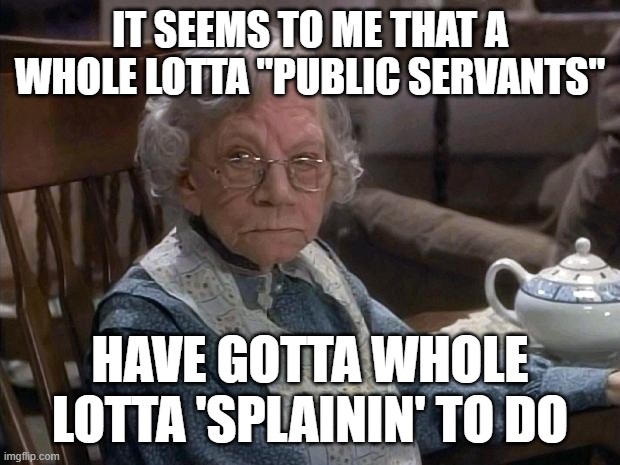 Public Service seems to pay off Privately | IT SEEMS TO ME THAT A WHOLE LOTTA "PUBLIC SERVANTS"; HAVE GOTTA WHOLE LOTTA 'SPLAININ' TO DO | image tagged in angry grandma | made w/ Imgflip meme maker