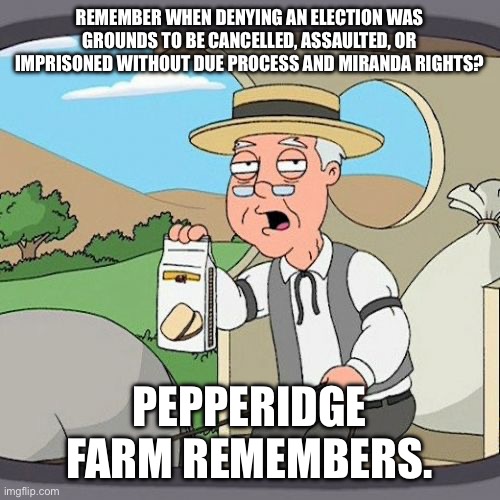 Pepperidge Farm Remembers Meme | REMEMBER WHEN DENYING AN ELECTION WAS GROUNDS TO BE CANCELLED, ASSAULTED, OR IMPRISONED WITHOUT DUE PROCESS AND MIRANDA RIGHTS? PEPPERIDGE F | image tagged in memes,pepperidge farm remembers | made w/ Imgflip meme maker