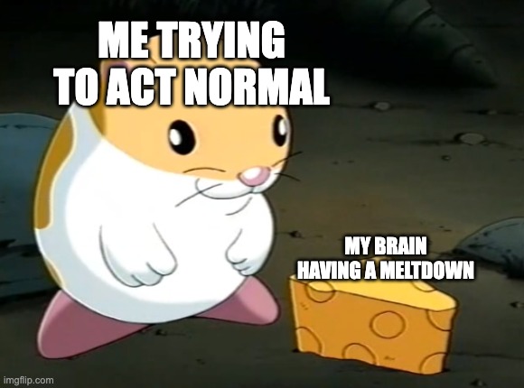 ai lol (i edited it) | ME TRYING TO ACT NORMAL; MY BRAIN HAVING A MELTDOWN | image tagged in goofy ahh hampter with cheez,memes,funny,kirby,relatable,oh wow are you actually reading these tags | made w/ Imgflip meme maker