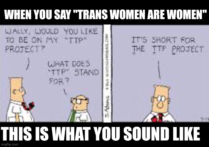 Dilbert | WHEN YOU SAY "TRANS WOMEN ARE WOMEN"; THIS IS WHAT YOU SOUND LIKE | image tagged in dilbert | made w/ Imgflip meme maker