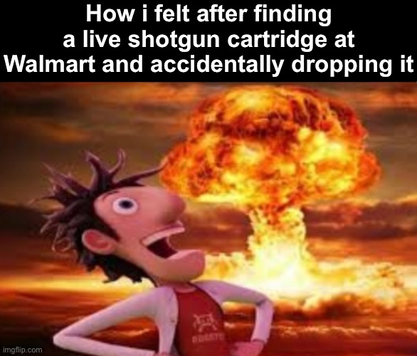 Flint Lockwood explosion | How i felt after finding a live shotgun cartridge at Walmart and accidentally dropping it | image tagged in flint lockwood explosion | made w/ Imgflip meme maker