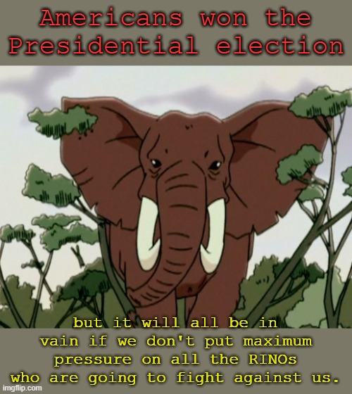 It starts now- letters, emails, phone calls, townhall meetings- relentlessly hold them all accountable to doing the right thing | Americans won the Presidential election; but it will all be in vain if we don't put maximum pressure on all the RINOs who are going to fight against us. | image tagged in elephant | made w/ Imgflip meme maker