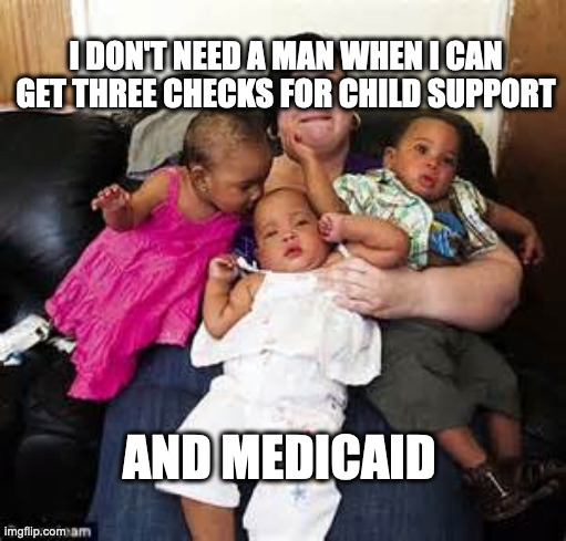 welfare mother | I DON'T NEED A MAN WHEN I CAN GET THREE CHECKS FOR CHILD SUPPORT AND MEDICAID | image tagged in welfare mother | made w/ Imgflip meme maker