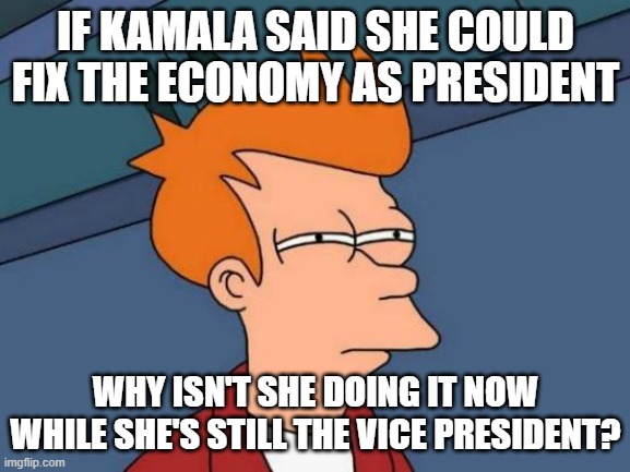 Kamala is a liar | IF KAMALA SAID SHE COULD FIX THE ECONOMY AS PRESIDENT; WHY ISN'T SHE DOING IT NOW WHILE SHE'S STILL THE VICE PRESIDENT? | image tagged in memes,futurama fry,kamala,harris,vice president | made w/ Imgflip meme maker